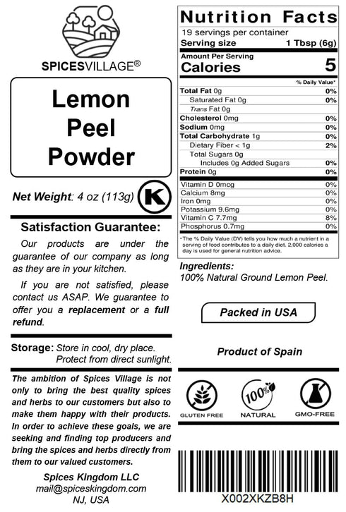 4 oz, SPICES VILLAGE Lemon Zest Powder, Natural Lemon Peel Powder for Baking, Cooking and Herb Tea - Certified Kosher