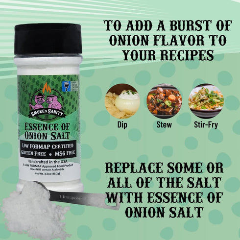 Smoke n Sanity Essence of Onion Salt, Certified Low FODMAP Seasonings, Gluten Free, Kosher, Dairy Free, 3.5 Ounce Shaker