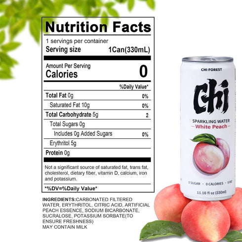 24 0 0 11.16 oz, Pack 24 CHI FOREST White Peach Sparkling Water Cans, Flavored SparklingWater, Sugar and Calorie