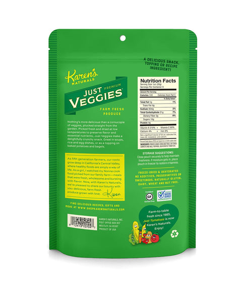 8 oz, Karens Naturals Freeze Dried Mixed Vegetables, No Sugar Added, Healthy Vegetable Snack, Non-GMO, Vegan, Gluten
