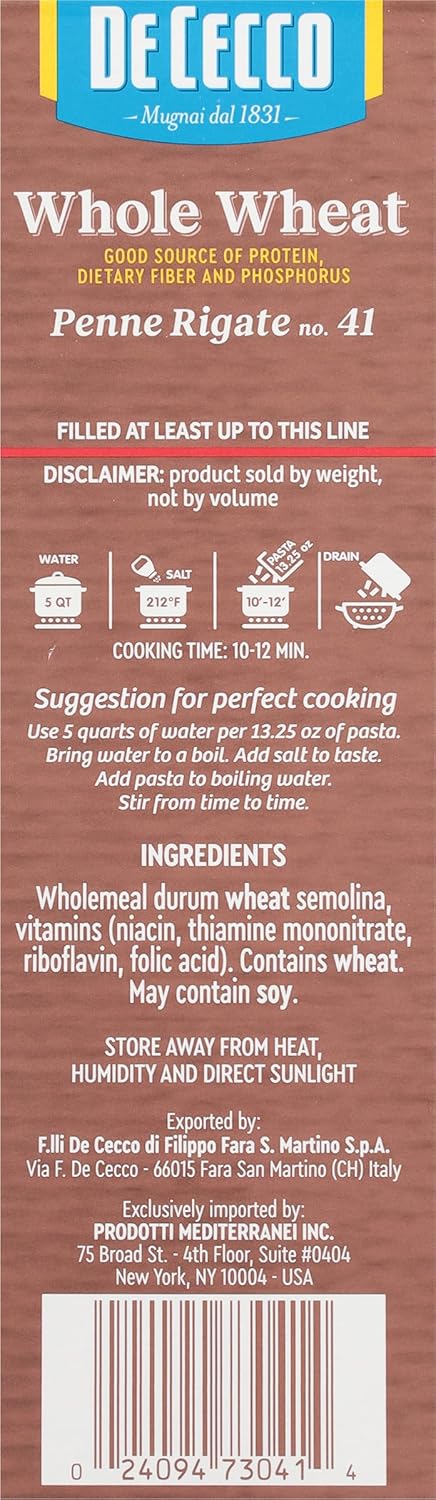 No.41, 13.25 OZ (Pack 12) De Cecco Pasta, Whole Wheat Penne Rigate of - Made in Italy, High in Protein & Iron, Bronze