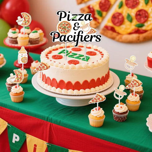 25PCS Sursurprise Pizza & Pacifiers Baby Shower Cake Topper Cupcake Toppers, Pizza Party Time Decorations Fast Food
