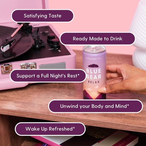 8.4 Oz (12 Pack) Blue Bear Relax Tea, Ready-to-Drink Iced Tea, Mixed Berry Calming & Relaxation Tea for Stress Relief