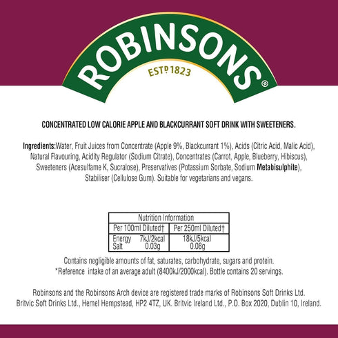 Robinsons 1-Liter (Pack 4) Robinson's Fruit Drink, Apple & Blackcurrant, No Added Sugar, Plastic Bottles