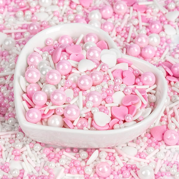 Edible Heart Sprinkles for Cake Decorating,White Pink Pearl Sugar Jimmies Mix Size