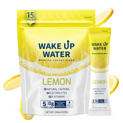 Wake Up Water - Energy + Hydration Sugar Free 15 Packet, Lemon Flavor Electrolytes Powder Drink, Gluten Free
