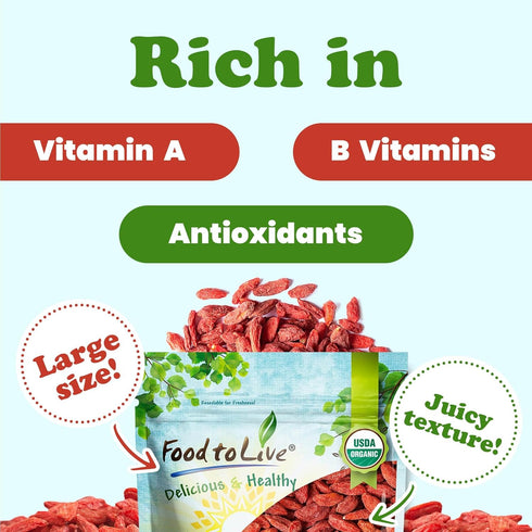 1.5 Food to Live Organic Goji Berries, Pounds Sun Dried, Large and Juicy, Non-GMO, Raw, Vegan, Sirtfood, Bulk