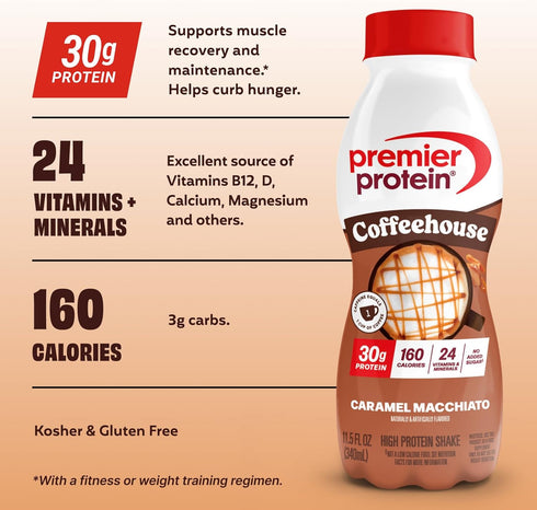 30g 24 11.5 oz, 12 Pack Premier Protein COFFEEHOUSE Caramel Macchiato Protein Shake with Caffeine for Energy Protein