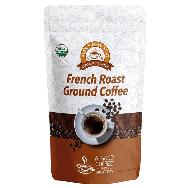 Alex's Low Acid Organic Coffee, 12oz Bag, Fresh Ground French Roast