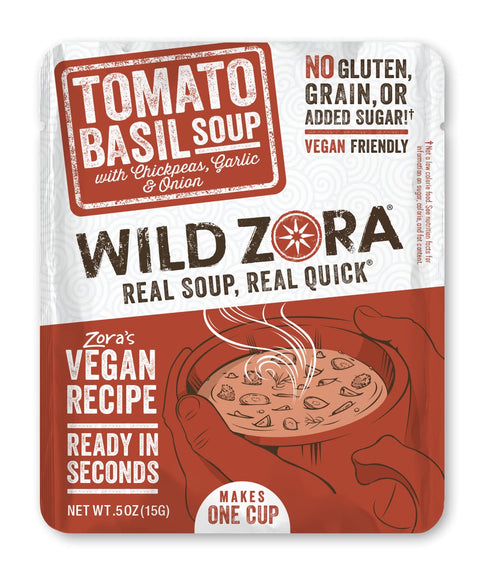 Wild Zora Instant Keto-Friendly Soups Tomato Basil 8-pack Broth Made with Chickpeas,