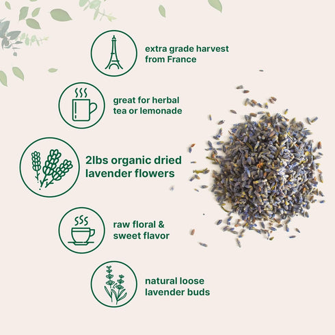 2lbs (32oz) Organic Dried Lavender Flowers, | Culinary Lavender from France for Tea, Home Fragrance & Sachets | Food