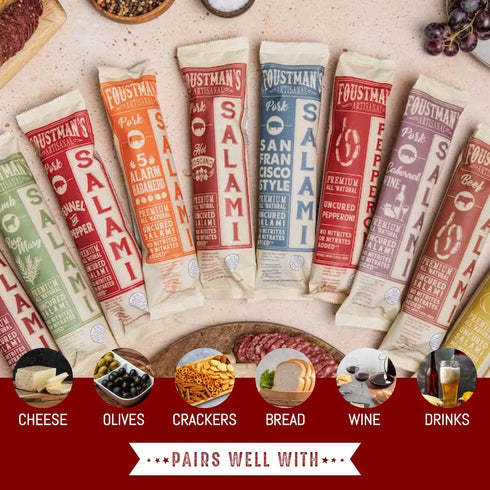 8 Oz Foustman's Salami Fennel and Pepper Pork Artisanal, Nitrate-Free, Naturally Cured, Gluten-Free, Dairy-Free, Sticks