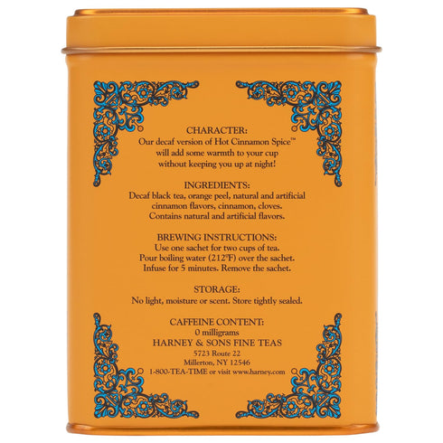 20 1.4oz Harney and Sons Decaf Hot Cinnamon , Decaf Flavored Black Sachets per Tin