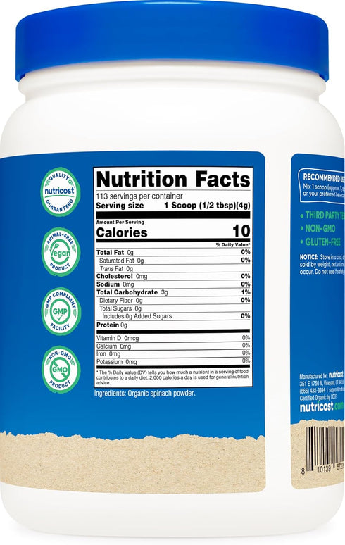 1LB Nutricost Organic Spinach Powder - Pure, Gluten Free, Non-GMO, Certified Organic