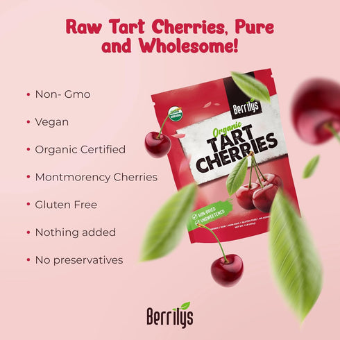 Packed 10 Oz Berrilys Organic Dried Tart Cherries Sun-Dried - Natural Flavor - Pitted Cherries for Healthy Snacking