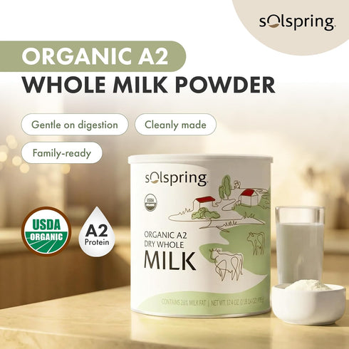 A2 A2 17.4 oz (15 Dr. Mercola Solspring Organic Dry Whole Milk - Powdered Milk with Beta-Casein for Less Digestive
