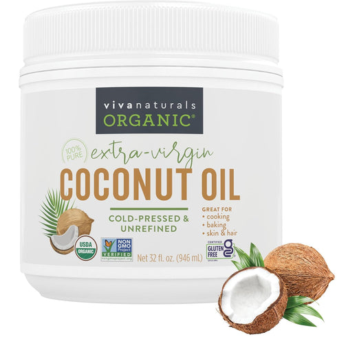 Viva Naturals Organic Coconut Oil, 32 fl oz Unrefined, Cold-Pressed Extra Virgin