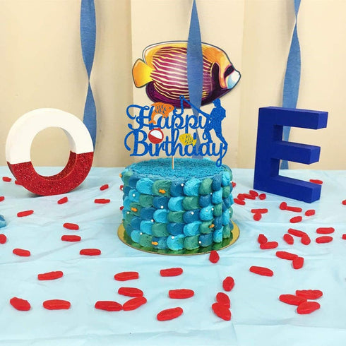 Glorymoment Birthday Fishing Cake Toppers, Glitter Blue Bobber Double Sided Cake Topper for Fisherman Party Supplies