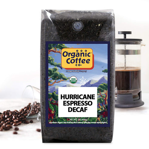 2LB (32 Organic Coffee Co. DECAF Hurricane Espresso Whole Bean Coffee Ounce) Medium Dark Roast Natural Water Processed