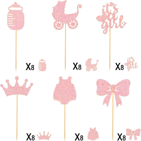 48 Pieces Baby Shower Cupcake Toppers for Girls, Glitter Pink Baby Girl Food Picks