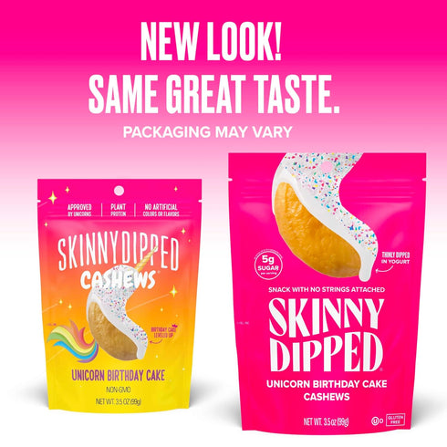 3.5 oz Pack 5 SkinnyDipped Birthday Cake Cashews, Healthy Snack, Plant Protein, Gluten Free, Resealable Bags