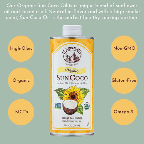 La Tourangelle Organic Sun Coco Oil, 25.4 fl oz, Unique Blend of High-Oleic Sunflower Oil and Refined Coconut Oil
