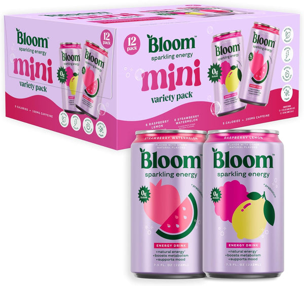 Bloom Nutrition Sparkling Energy Drink Minis, Raspberry Lemon & Strawberry Watermelon, 7.5oz
