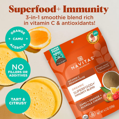 Navitas Organics Superfood+ Immunity Blend - Camu, Orange, Acerola Cherry, 30 Servings, Organic, Non-GMO, Vegan
