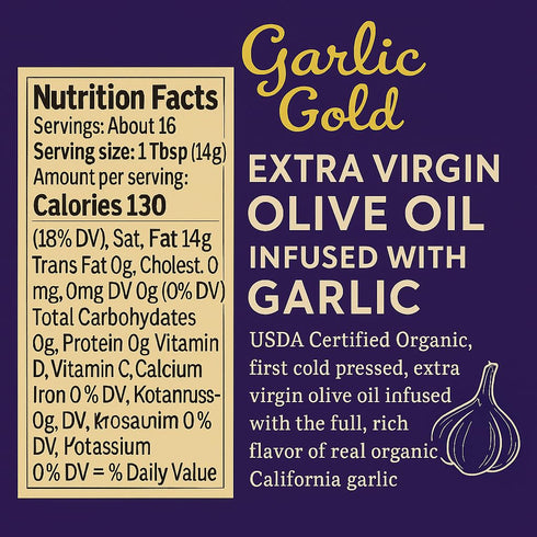(250 mL, 2 Pack) Garlic Gold Extra Virgin Olive Oil Infused with Garlic, Premium Certified USDA Organic, Low FODMAP