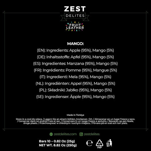 0.88 oz 10 Fruit Snacks by Zest Delites, Fruit Leather, Dried Mango Bars, Healthy Snacks for Adults & Kids, No Sugar