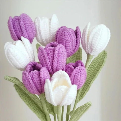 VGHDXXNNHA 5PCS Handmade Crochet Flower Bouquet, Knitting Flower Tulips Bouquet Simulation Flower for Wedding Flower