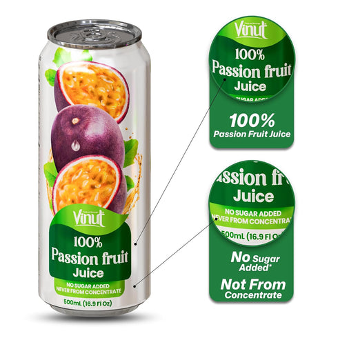 100% 16.9 oz (500 mL) Pack 12 VINUT Passion Fruit Juice, No Added Sugar, Not From Concentrate, fl Can