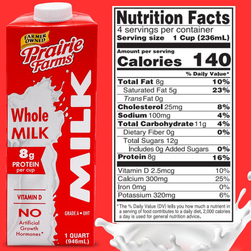 Prairie Farms Dairy 1 (1 Pack) Prairie Farms Whole Milk, Shelf Stable, Boxed & Ultra Pasteurized (UHT), Vitamin D White