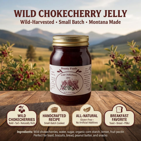 Bounty Foods 22 oz 22oz) Montana Chokecherry Jelly Dessert Breakfast - Essentials Real Fruit Grown & Hand Picked in the