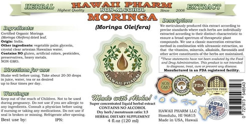 Hawaii Pharm Moringa Alcohol-Free Liquid Extract, Moringa (Moringa Oleifera) Leaf Glycerite, 2 oz, Natural Herbal