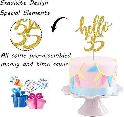 Hello 35 Cake Topper – 35th Birthday / Anniversary Party Decoration Supplies (Gold, Hello 35)