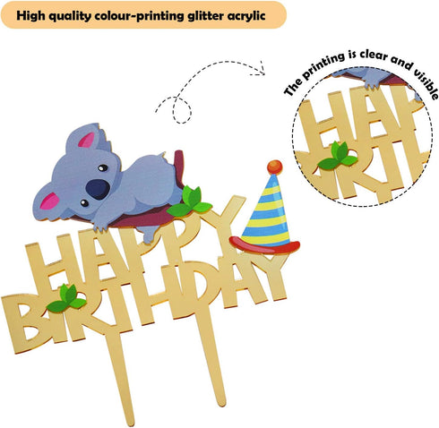 Gold Acrylic Koala Happy Birthday Cake Topper for Koala Theme Birthday Party Supplies