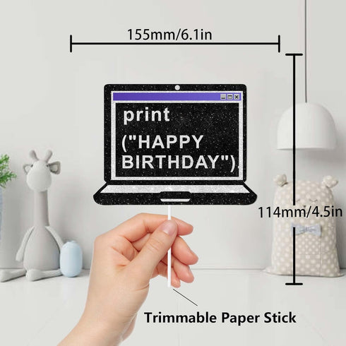 Black Glitter Print Computer Cake Topper, IT Theme Decor Supplies for Boys Girls Birthday Party