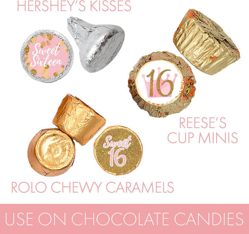 16 180 Count DISTINCTIVS Pink and Gold Sweet Birthday Party Favor Chocolate Kisses Candy Stickers, Sweet Sixteen