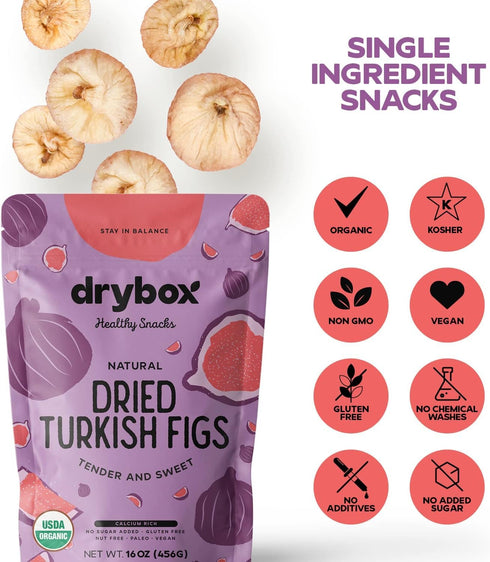 1 Pack 1 lb Pack, 1 lb Drybox Organic Dried Turkish Figs No Sugar Added, Smyrna Fig Unsulfured Unsweetened Non-GMO
