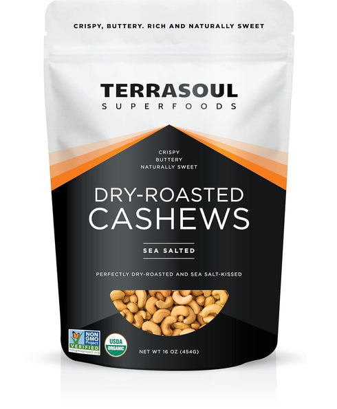 Terrasoul Superfoods Organic Dry-Roasted & Lightly Salted Cashews, 16oz Resealable Pouch -