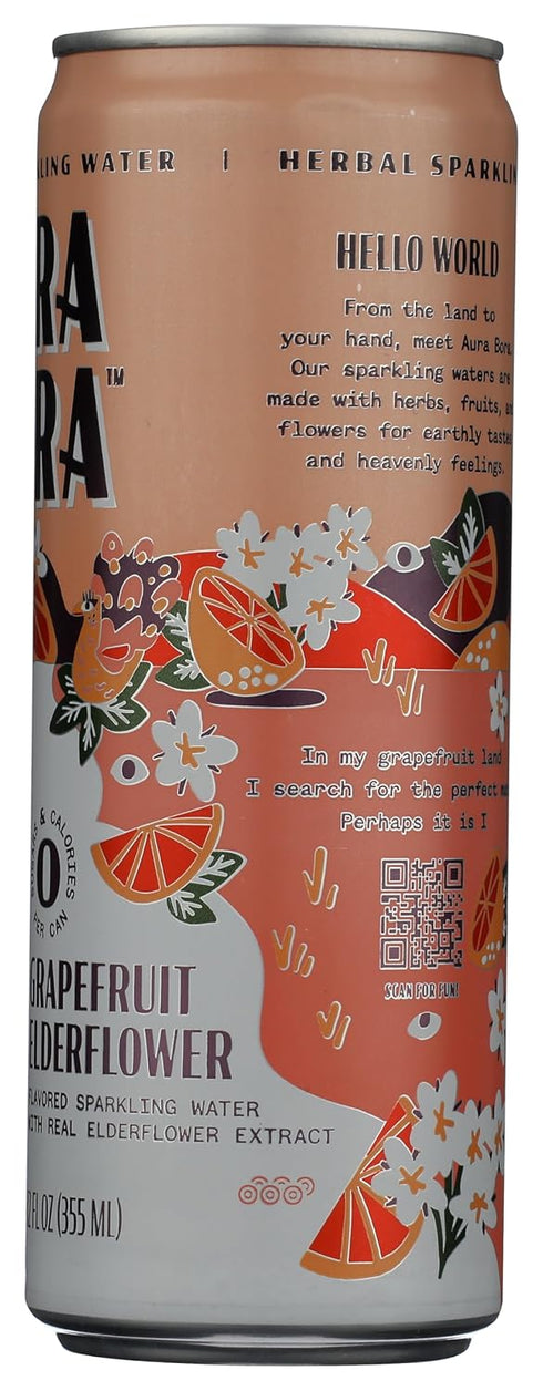 12 Oz, 12 Pack Aura Bora, Elderflower Grapefruit Sparkling Water, Fl