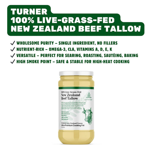 100% 14oz TURNER New Zealand Live-Grass-Fed New Zealand Beef Tallow, Ultra-Premium Cooking Fat