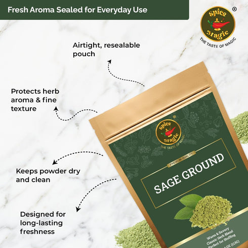 4 oz (113g)- Spice Magic Ground Sage, Premium Ground Herb for Savory Dishes, Perfect for Stuffing, Sausages, Poultry