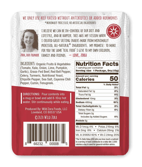 Wild Zora Instant Keto-Friendly Soups, Picante Beef 8-pack, Gluten-Free, Low Carb, 100% Grass-Fed Beef, 0.5oz