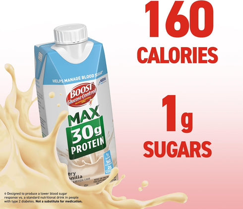 30g 11 Oz (Pack 12), Packaging BOOST Glucose Control Max Protein Nutritional Drink, Very Vanilla, Fl of May Vary