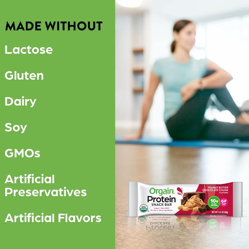 Orgain Organic Vegan Protein Bars, Peanut Butter Chocolate Chunk - 10g Plant Based Protein, Gluten Free, 1.41 Oz (Pack