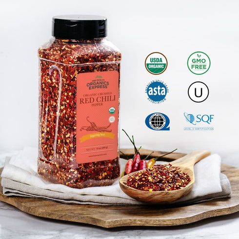 HQOExpress Organic Red Chili Pepper Crushed – Non GMO, Kosher, USDA Certified Organic Chili Flakes – Hot and Spicy Seasoning for Soups, Chilis, Marinades and Stir Fries, 10 oz. Chef Jar