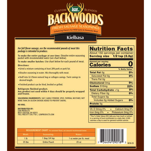 LEM Products Backwoods Kielbasa Fresh Sausage Seasoning, Ideal for Wild Game and Domestic Meat, Seasons Up to 25 Pounds of Meat, 11.8 Ounce Packet