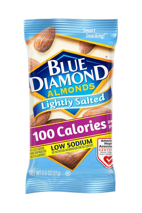 100 Packs, 0.6 (Pack 32) Blue Diamond Almonds Low Sodium Lightly Salted Snack Nuts, Calorie Ounce